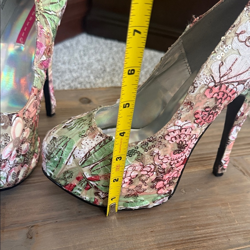 Bordello Floral Platform Stilettos in Pink & Green - Picture 9 of 10